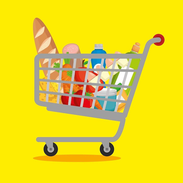 Vector supermarket products in shopping cart