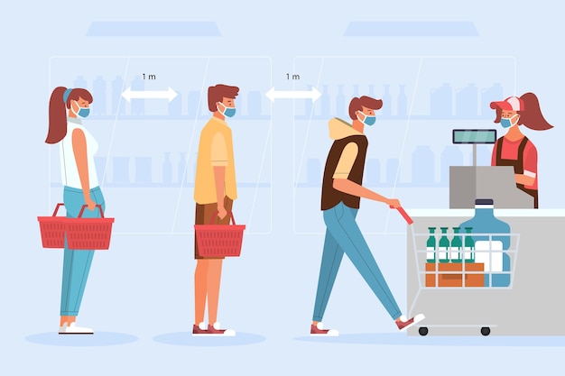 Supermarket queue with safety distance