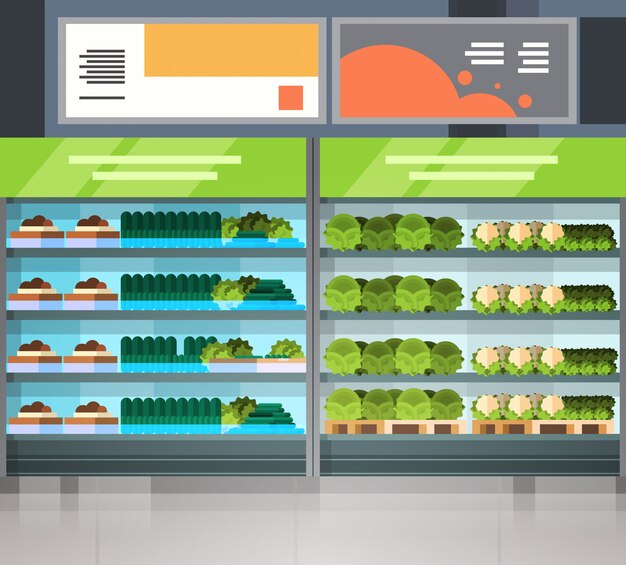 Righe del supermercato con i prodotti della drogheria nessuno negozio interno al dettaglio di acquisto