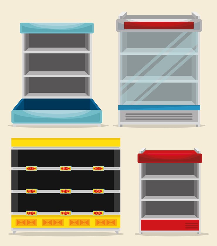 Vector supermarket set shelvings empty