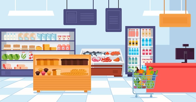 Supermarket shelf with food market store grocery shop empty interior concept