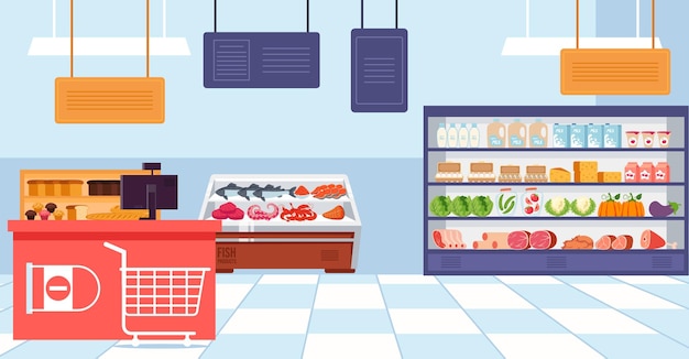 Vector supermarket shelf with food market store grocery shop empty interior concept