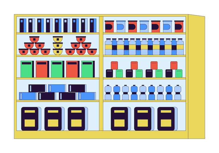 Vector supermarket shelves 2d linear cartoon object