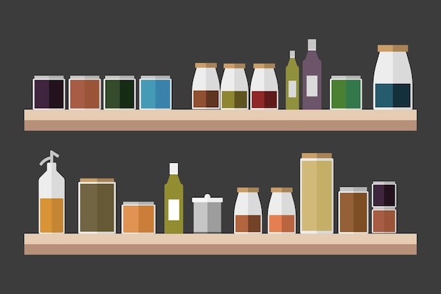 Vector supermarket shelves full of different products grocery store assortment flat style vector