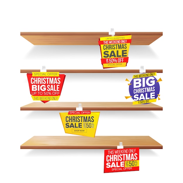 Vector supermarket shelves, holidays christmas sale advertising wobblers