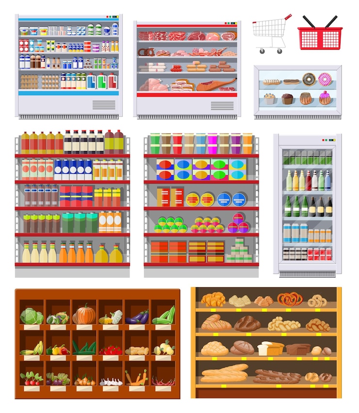 Vector supermarket shelves set with groceries. goods and products. food and drinks in boxes and bottles, bread, vegetables. various packages on racks. mall, shop, retail store. vector illustration flat style