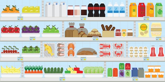 Supermarket shelves with food