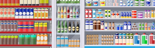 Vector supermarket shelves with groceries