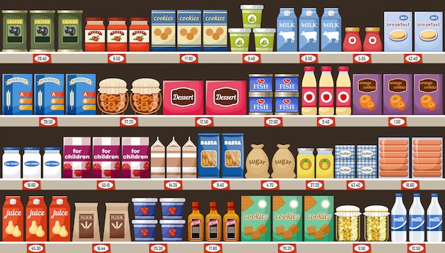 Vector supermarket, shelves with products and drinks