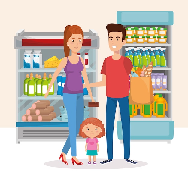 Supermarket shelvings with family buying