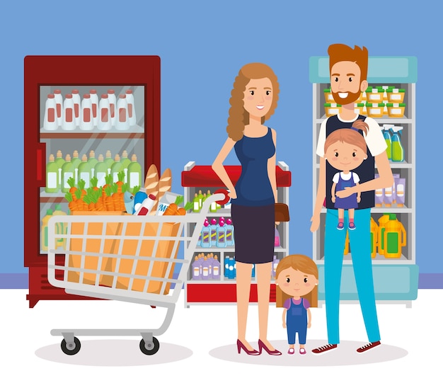 Supermarket shelvings with family buying