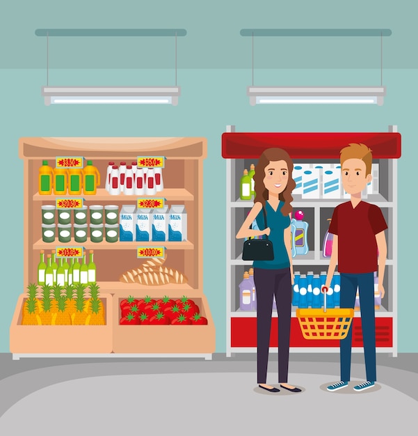 supermarket shelvings with people buying