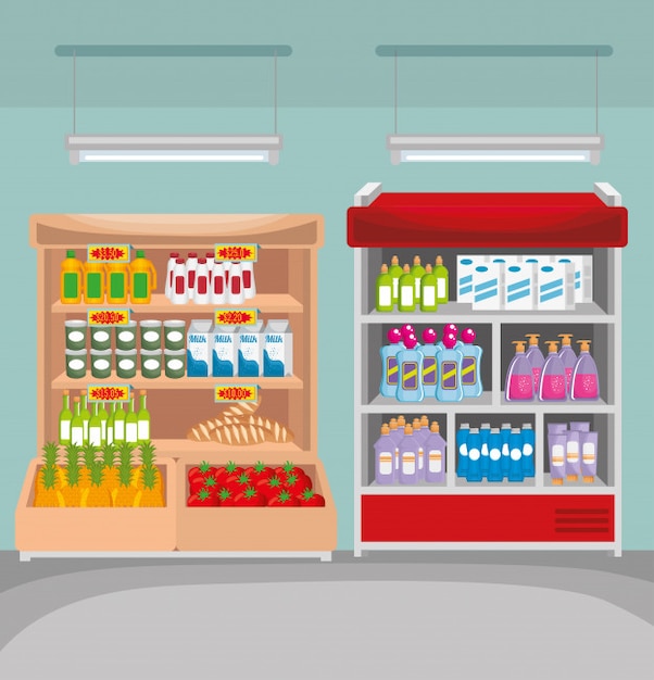supermarket shelvings with products