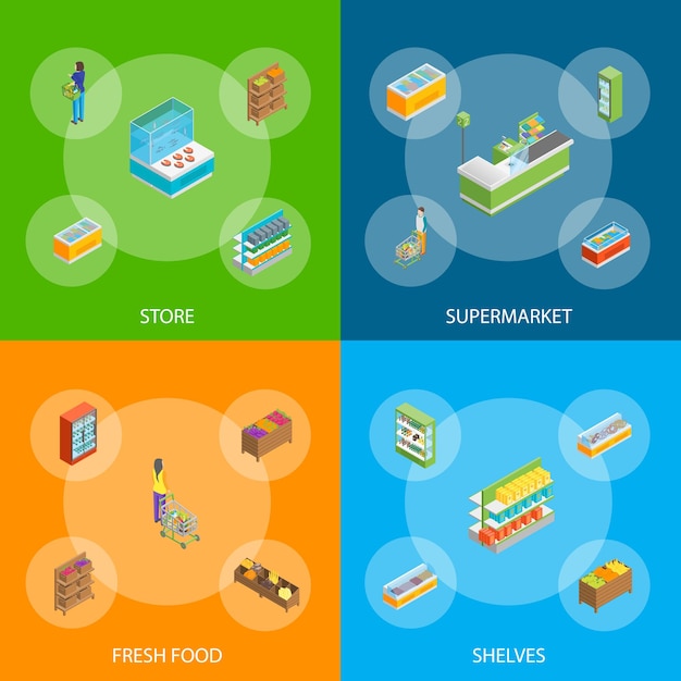 슈퍼마켓 또는 상점 배너 세트 이소메트릭 뷰 식료품 시장 또는 쇼핑몰의 터 일러스트레이션