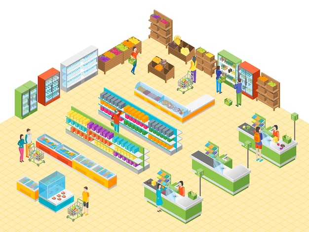 Supermarket or Shop Interior with Furniture for Ad Isometric View Vector illustration of Grocery Market or Mall with Showcase and People