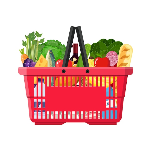 Vettore cestino della spesa del supermercato pieno di prodotti alimentari. negozio di alimentari.
