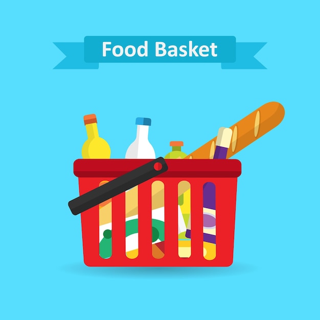 Supermarket shopping basket with fresh and natural food