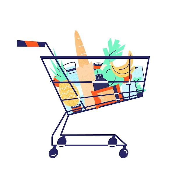 Vector supermarket shopping cart full of groceries