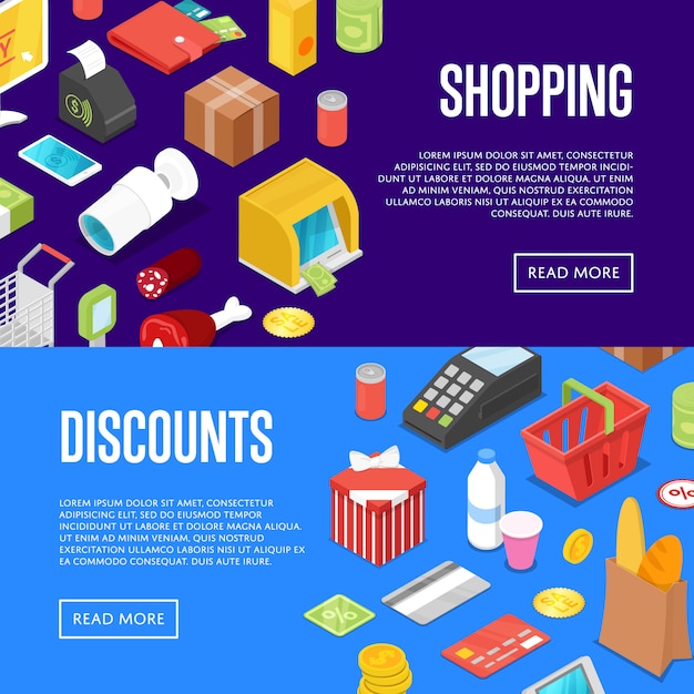 Supermarket shopping isometric banner web set