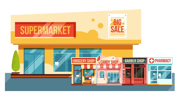 Vector supermarket and small magazines cityscape modern view  illustration