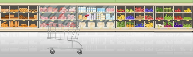 スーパーマーケットは食品と立っています。ベクトルフラットスタイル。市場でレジ係のフロント。食料品や肉のショッピングフロントの眺め