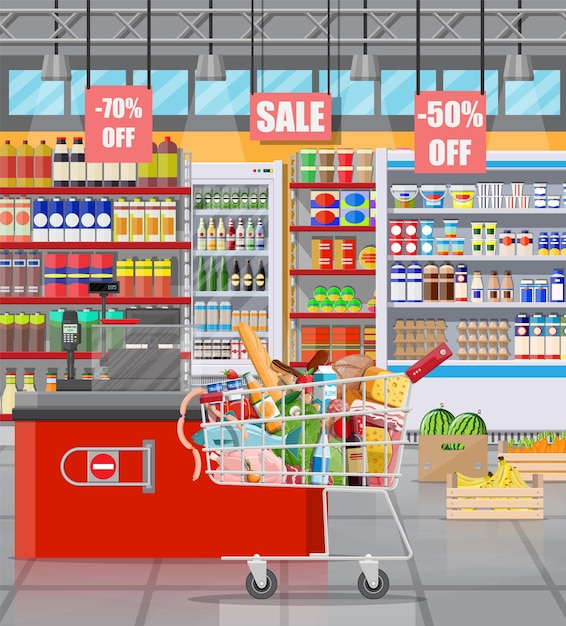 Supermarket store interior with goods. Big shopping mall. Interior store inside. Checkout counter, cash machine, grocery, drinks, food, fruits, dairy products. Vector illustration in flat style