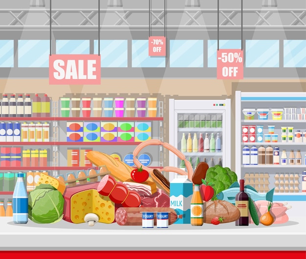 Supermarket store interior with goods. big shopping mall.\
interior store inside. checkout counter, grocery, drinks, food,\
fruits, dairy products. vector illustration in flat style