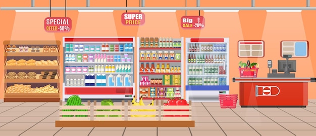 Supermarket store interior with goods