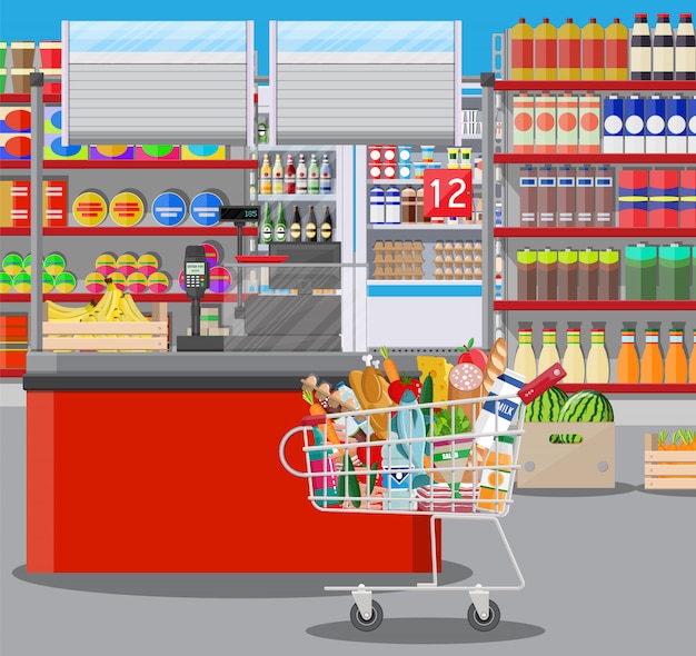 supermarket store interior with goods.