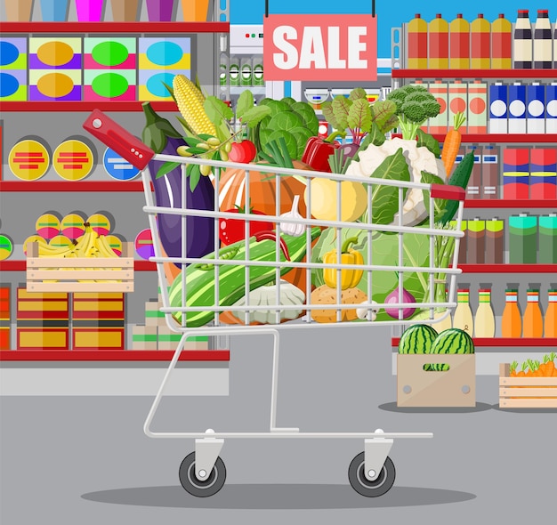 Vector supermarket store interior with vegetables in shopping cart.