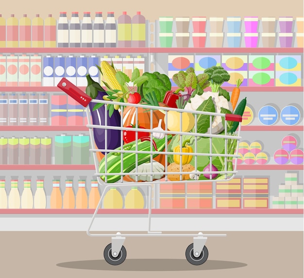 Vector supermarket store interior with vegetables in shopping cart.