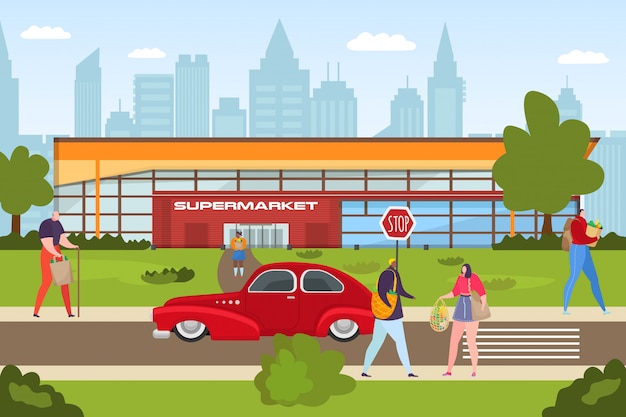 Deposito del supermercato, illustrazione di compera di concetto della gente. il carattere del cliente effettua acquisti al dettaglio in negozio. affari piatta