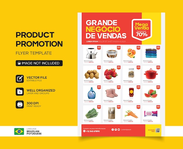 Modello di volantino per la promozione del prodotto del supermercato in portoghese