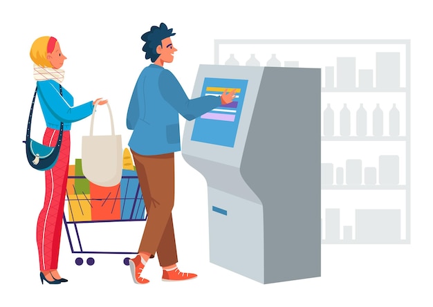 Supermarket store with self service payment vector illustration flat man woman character use machine in grocery product in market cart