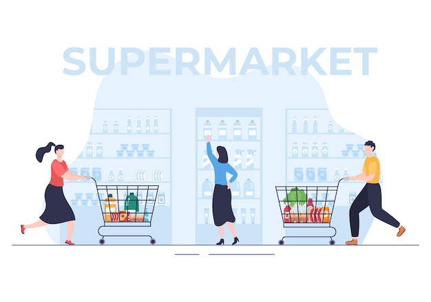 Supermarket with Shelves Grocery Items and Full Shopping Cart Products and Consumers in Illustration