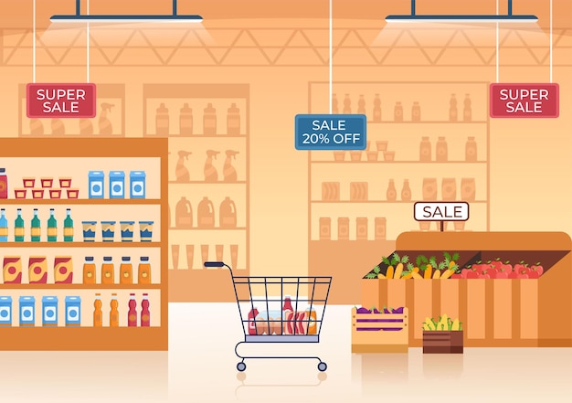 Supermarket with Shelves Grocery Items and Full Shopping Cart Products and Consumers in Illustration