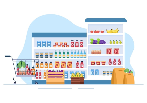 Supermarket with Shelves Grocery Items and Full Shopping Cart Products and Consumers in Illustration