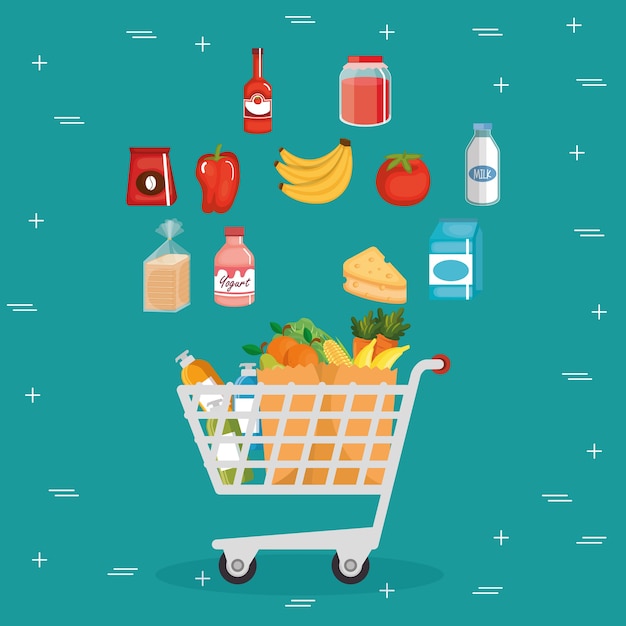 Supermarkt boodschappen in winkelwagen