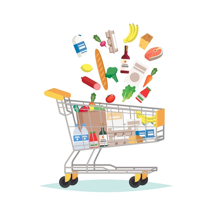 Vector supermarkt boodschappenwagentje met verschillende boodschappen