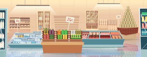 Vector supermarkt cartoon. producten supermarkt voedsel markt interieur achtergrond