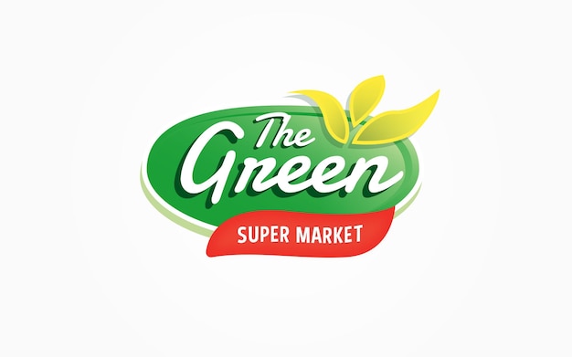 Vector supermarkt logo cirkel vers logo voor groene winkel met leafes en