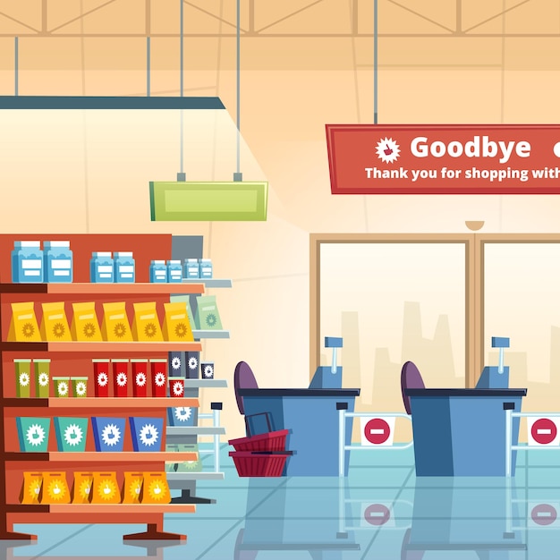 Supermarkt Voedselplanken in het interieur van de supermarkt Vector cartoon binnen achtergrond