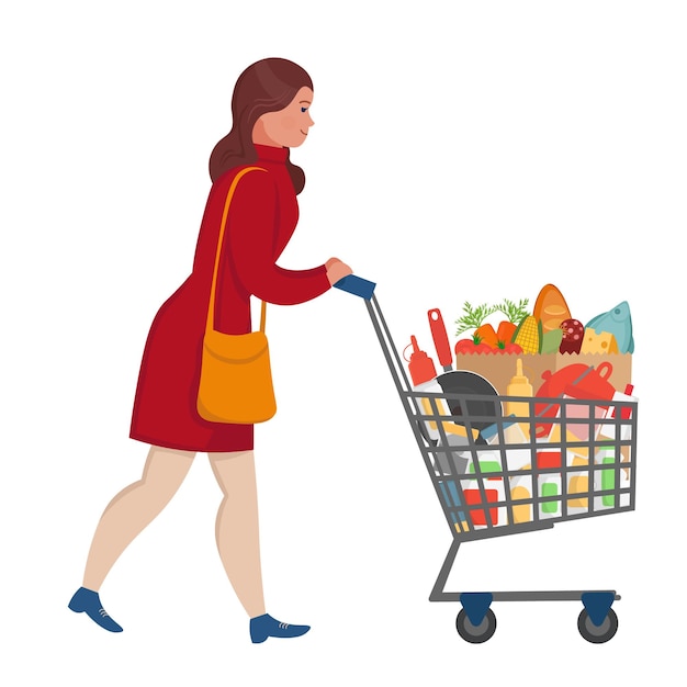 supermarkt Vrouw met een kar vol boodschappen winkelen in een supermarkt Vectorillustratie