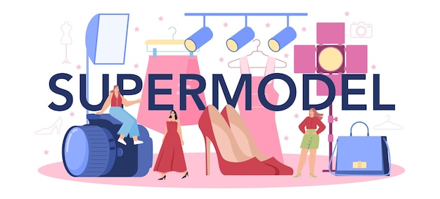 Vector supermodel model typographic header man and woman represent new clothes at a fashion show on a runway and photoshoot fashion industry worker isolated vector illustration