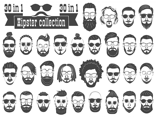 Superset di 30 hipsters uomini barbuti con diverse acconciature, baffi, barbe isolate su bianco