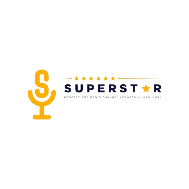 팟캐스트 또는 라디오 채널 벡터를 위한 마이크 및 문자 S 디자인이 있는 Superstar 팟캐스트 로고