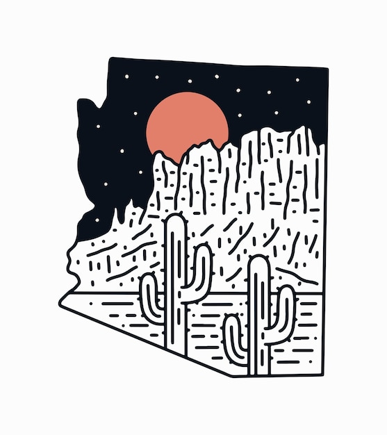 Superstition Mountains woestijn van Arizona mono lijn vector illustratie