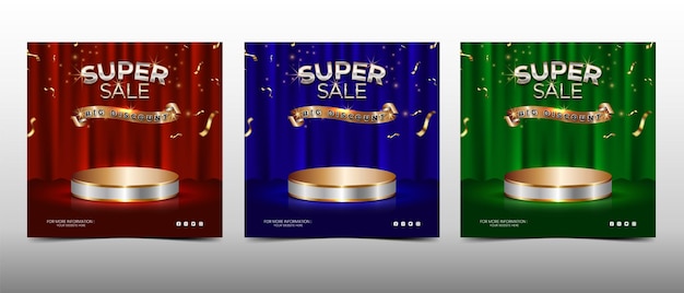 Superverkoop online winkelbanner met wit en goud podiumgordijn en confetti