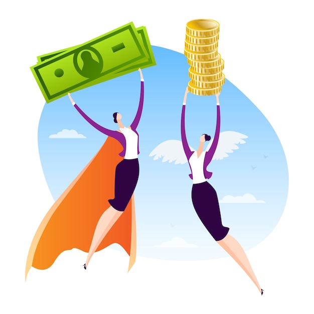 Vector superwoman character with money vector illustration business hero people design successful person job manager flying with currency