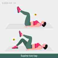 Vector supine toe tap exercise, woman workout fitness, aerobic and exercises.